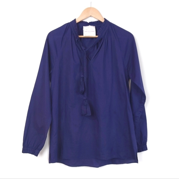 Charlotte Brody Cotton Tie Neck Long Sleeves Blouse Size L In Navy Blue - Picture 3 of 8